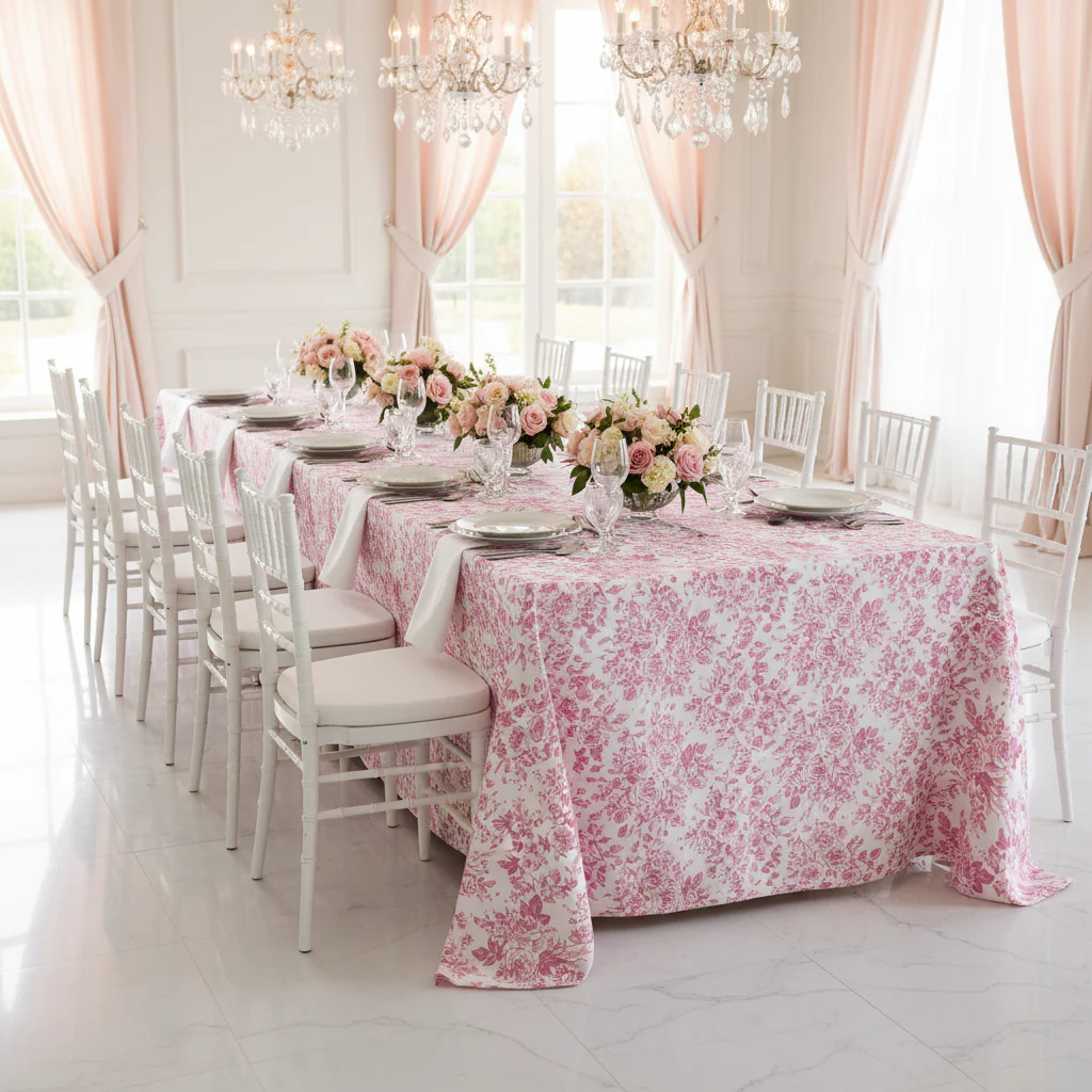 French Toile 90"x156" Rectangular Tablecloth - Pink - Image 2