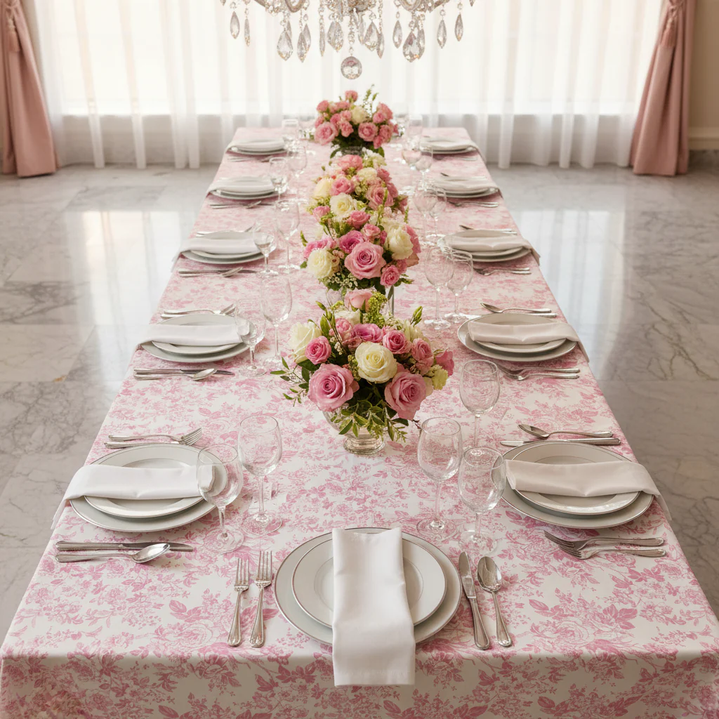 French Toile 90"x156" Rectangular Tablecloth - Pink - Image 3