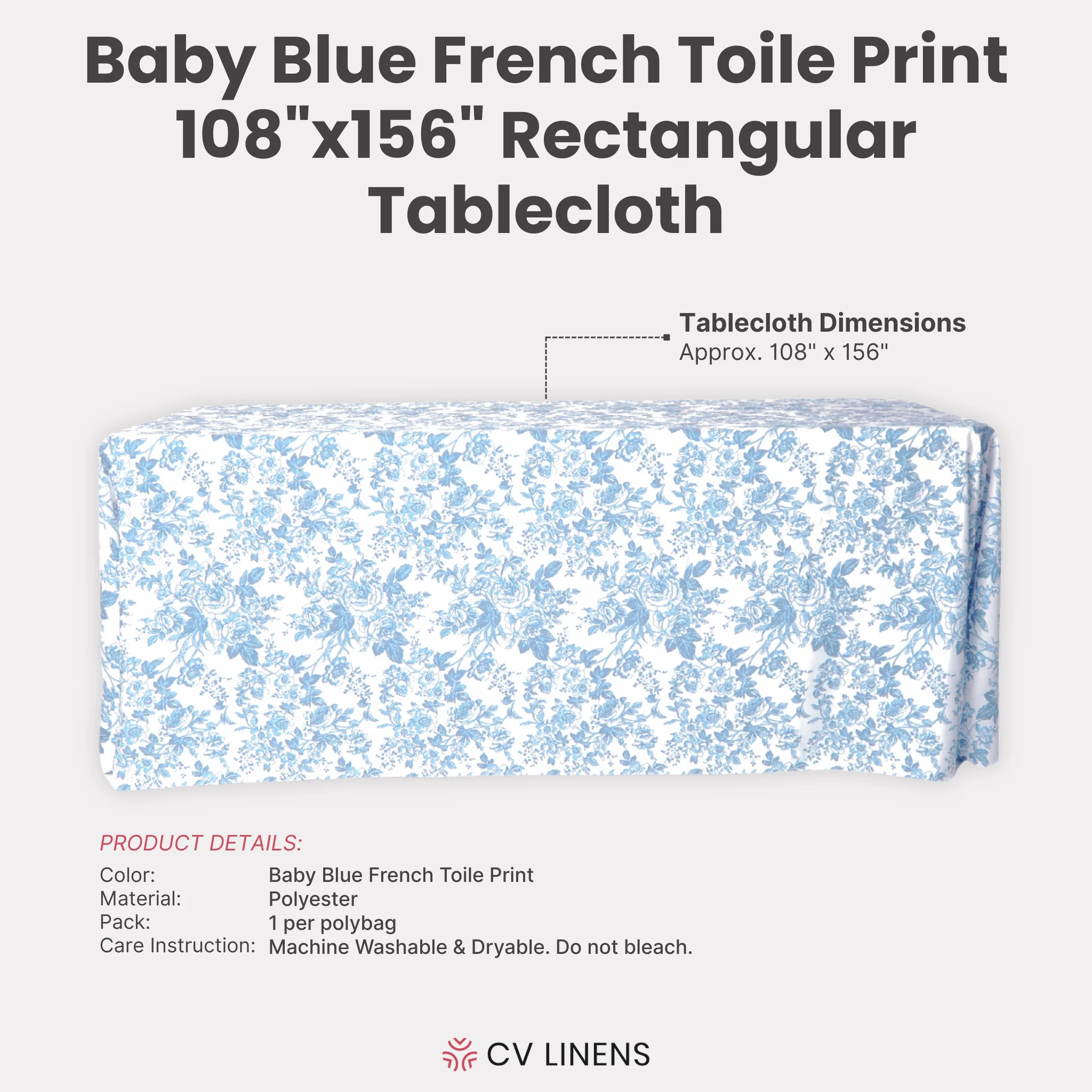 French Toile King 108"x156" Rectangular Tablecloth - Baby Blue - Image 3
