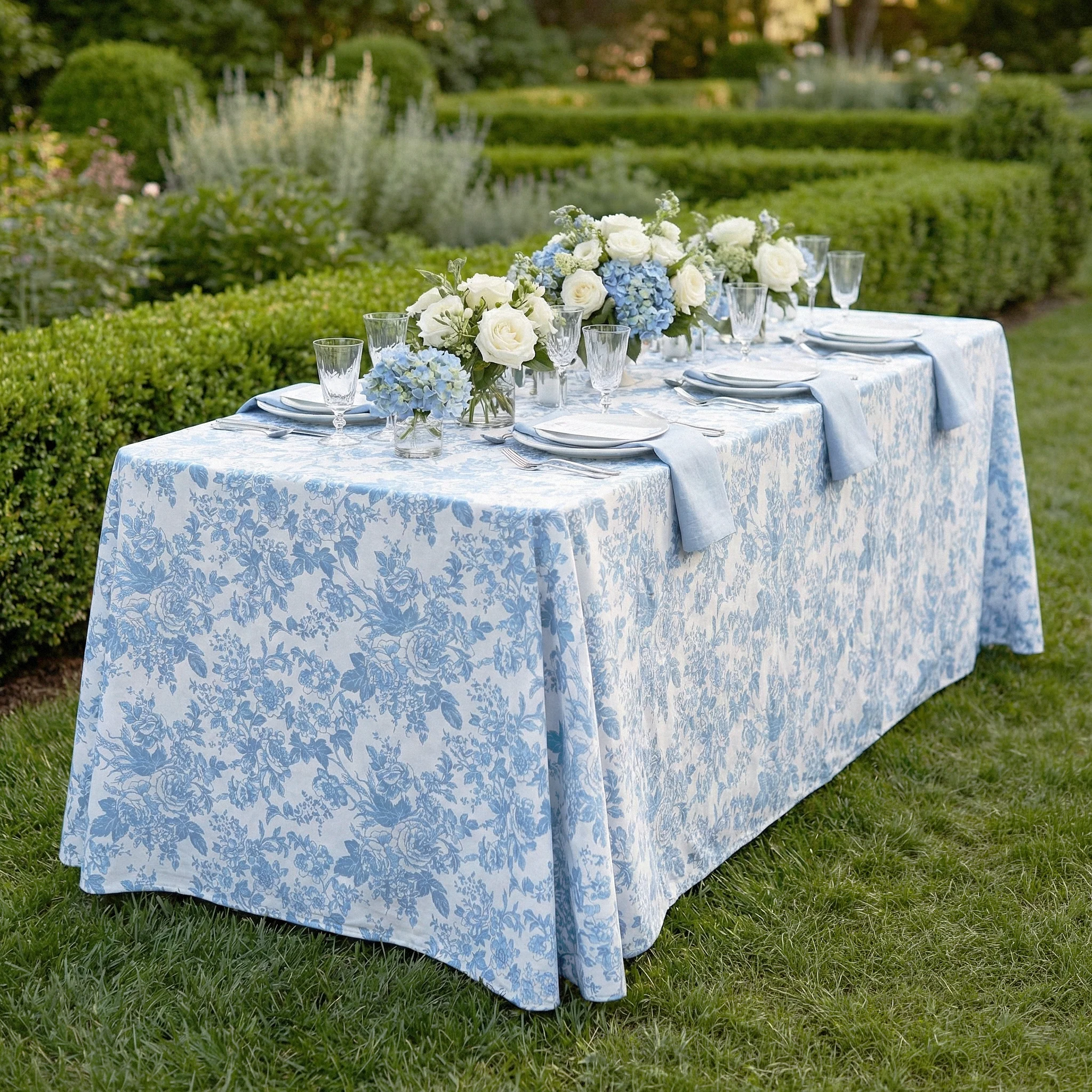French Toile King 108"x156" Rectangular Tablecloth - Baby Blue - Image 9