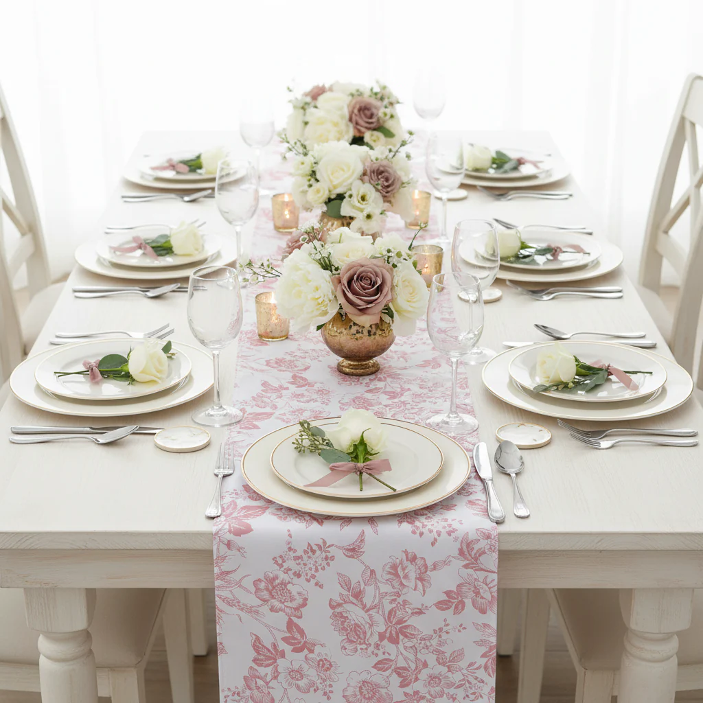 French Toile Table Runner - Dusty Rose/Mauve - Image 9