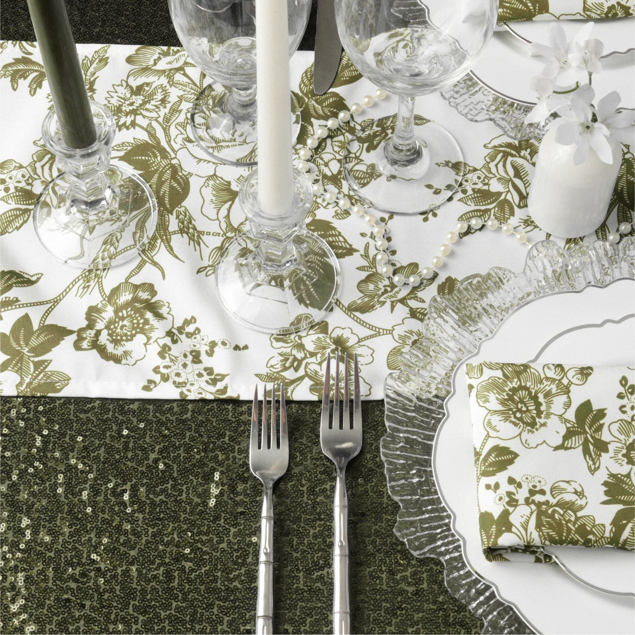 French Toile Table Runner - Olive Green - Image 2