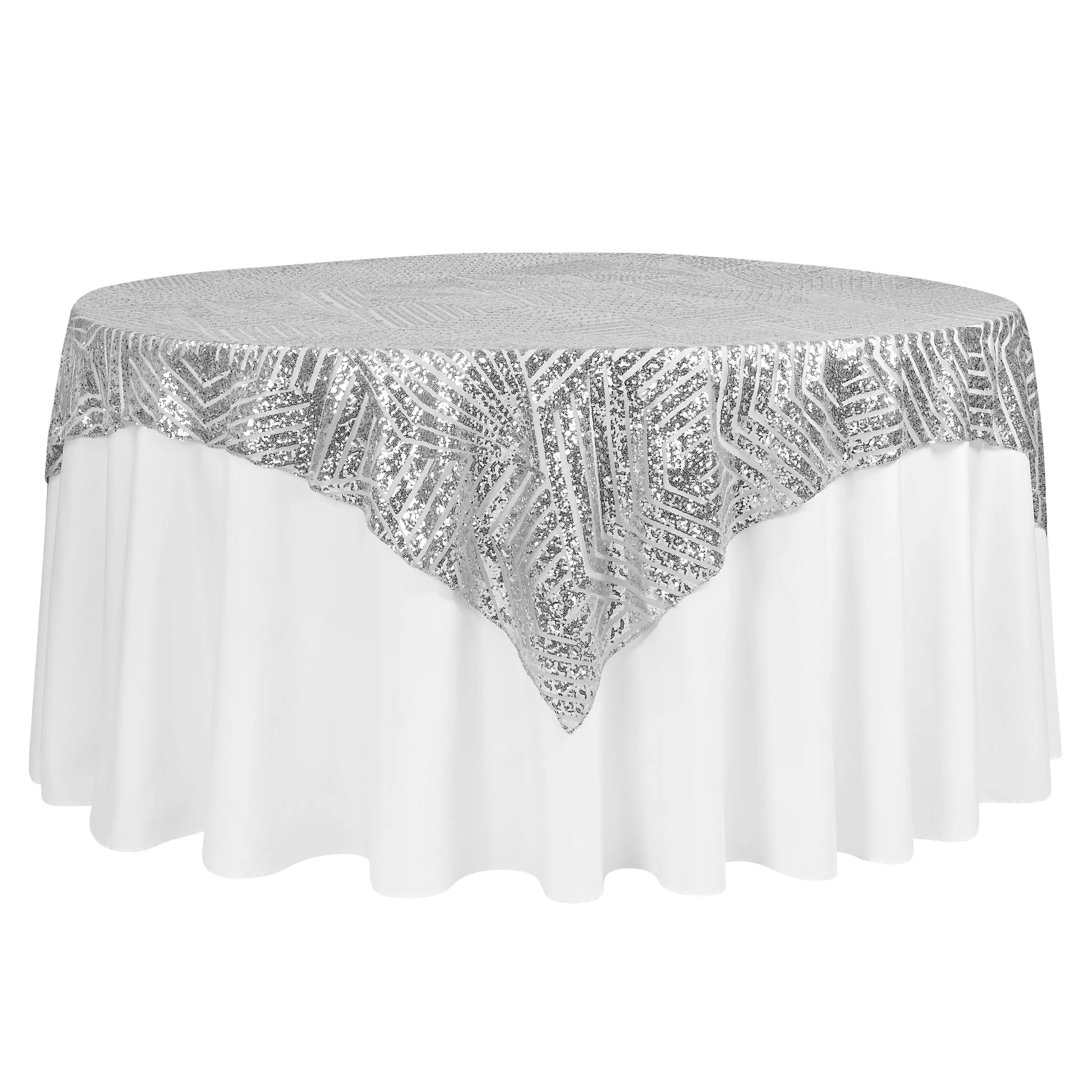 Geometric Glitz Art Deco Sequin Table Overlay Topper 72"x72" Square - Silver