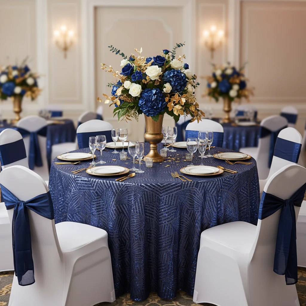 Geometric Glitz Art Deco Sequin Tablecloth 120" Round - Navy Blue