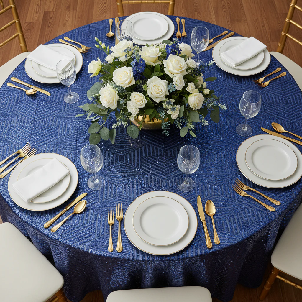 Geometric Glitz Art Deco Sequin Tablecloth 120" Round - Navy Blue - Image 3
