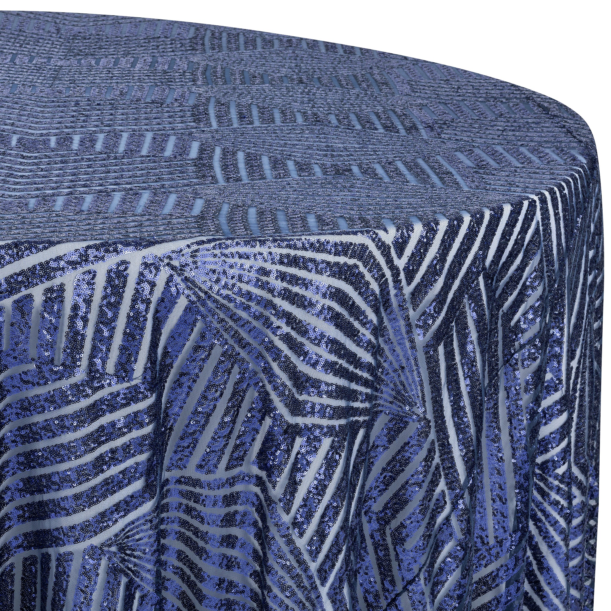 Geometric Glitz Art Deco Sequin Tablecloth 120" Round - Navy Blue - Image 4