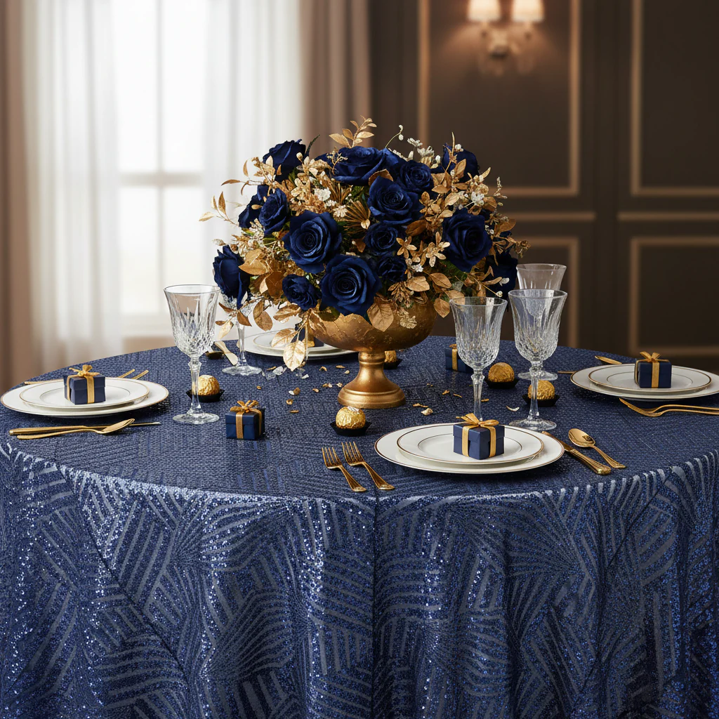 Geometric Glitz Art Deco Sequin Tablecloth 120" Round - Navy Blue - Image 5