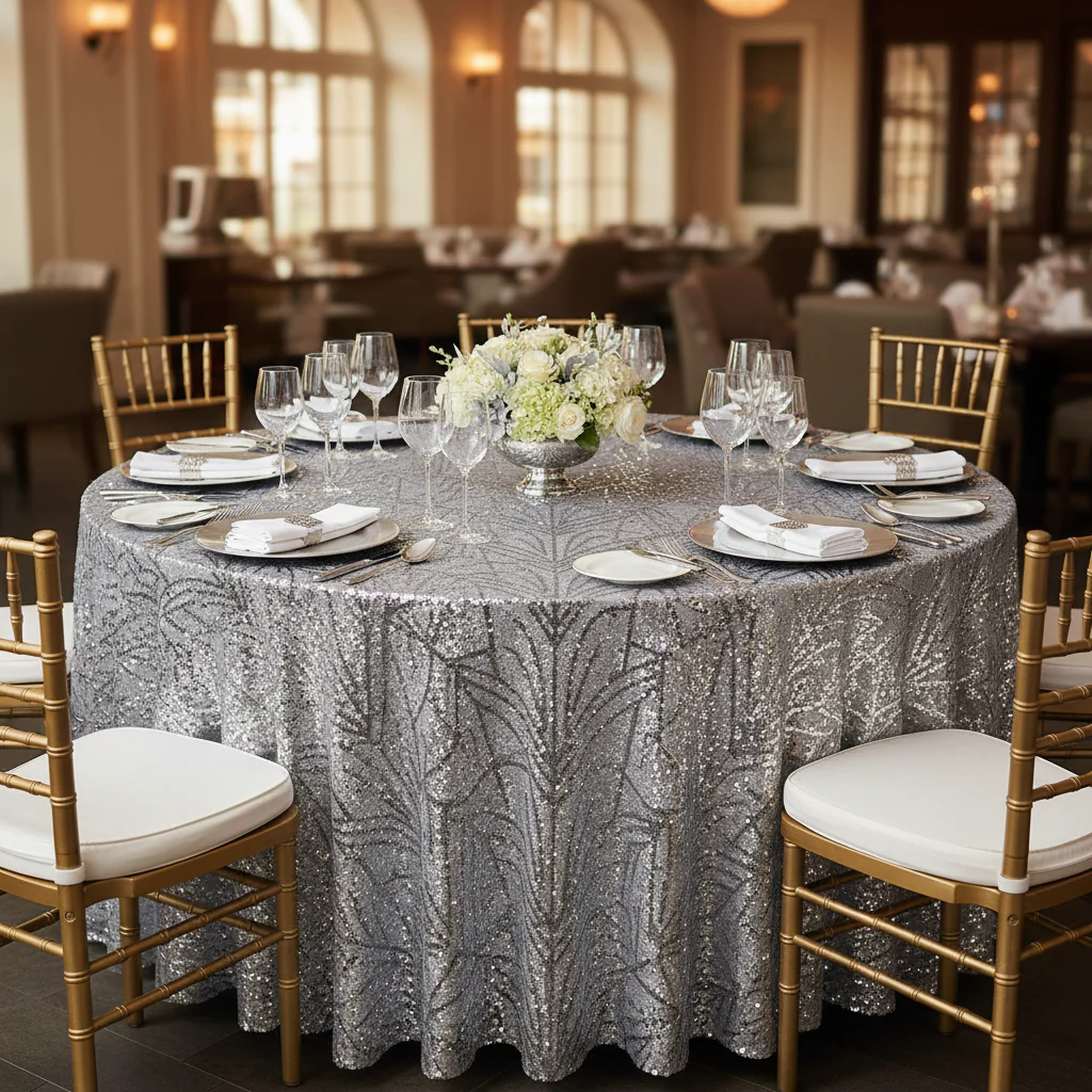 Geometric Glitz Art Deco Sequin Tablecloth 120" Round - Silver