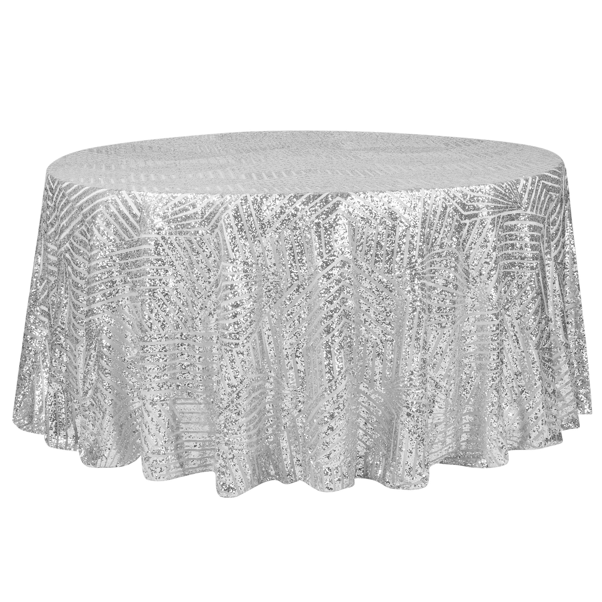 Geometric Glitz Art Deco Sequin Tablecloth 120" Round - Silver - Image 2