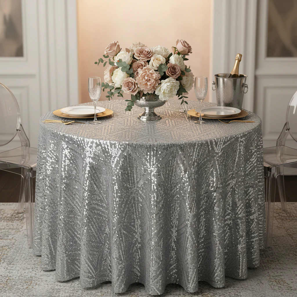 Geometric Glitz Art Deco Sequin Tablecloth 120" Round - Silver - Image 5