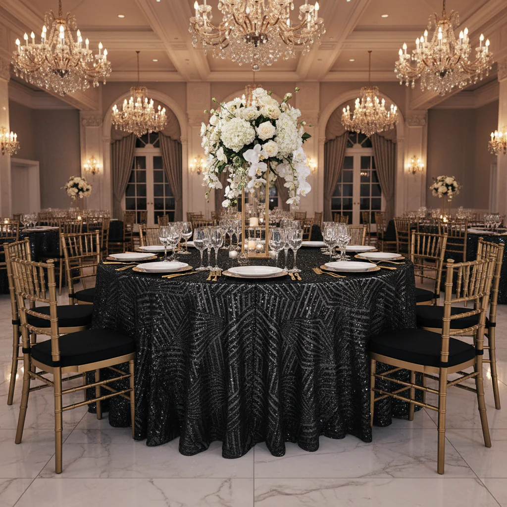 Geometric Glitz Art Deco Sequin Tablecloth 132" Round - Black - Image 2