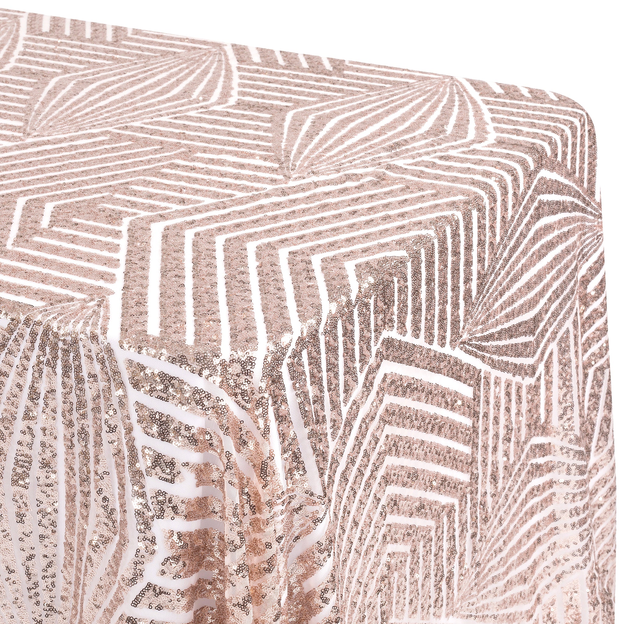 Geometric Glitz Art Deco Sequin Tablecloth 132" Round - Blush/Rose Gold - Image 2