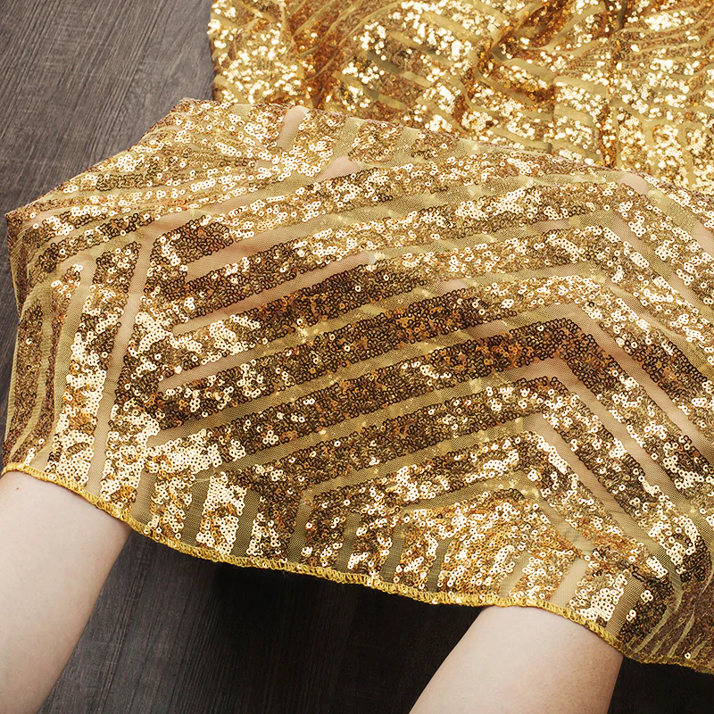 Geometric Glitz Art Deco Sequin Tablecloth 132" Round - Gold - Image 4