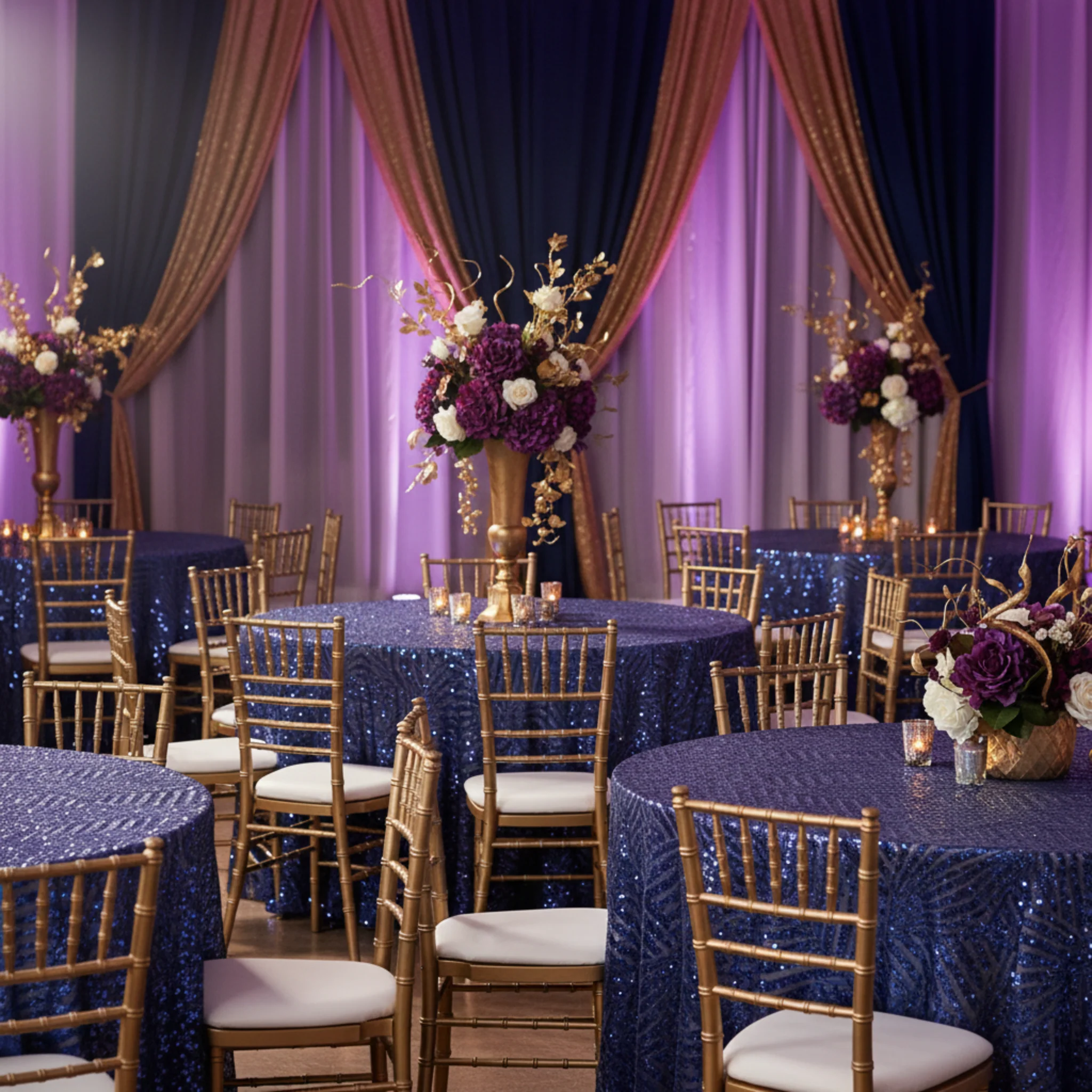 Geometric Glitz Art Deco Sequin Tablecloth 132" Round - Navy Blue - Image 3