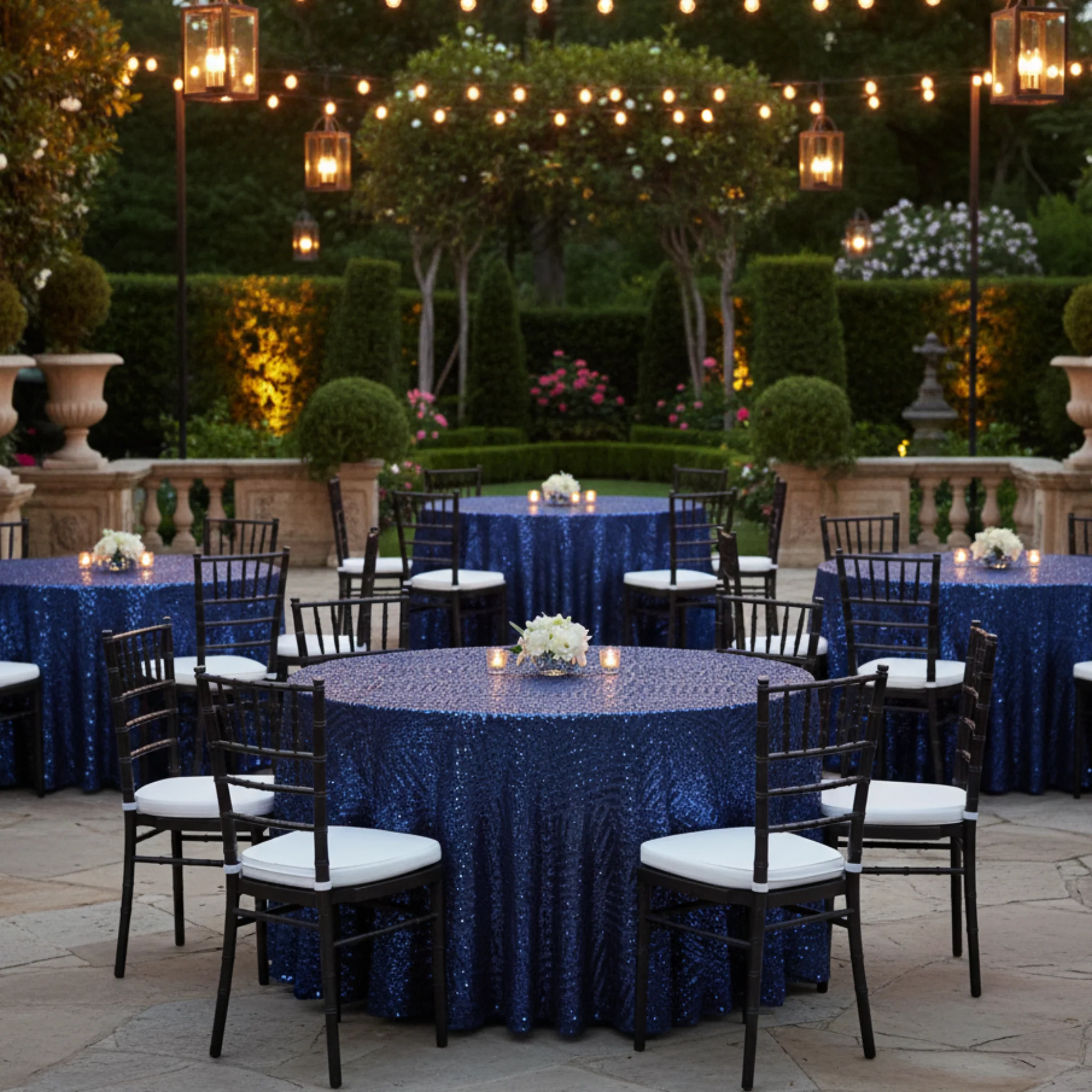 Geometric Glitz Art Deco Sequin Tablecloth 132" Round - Navy Blue - Image 4