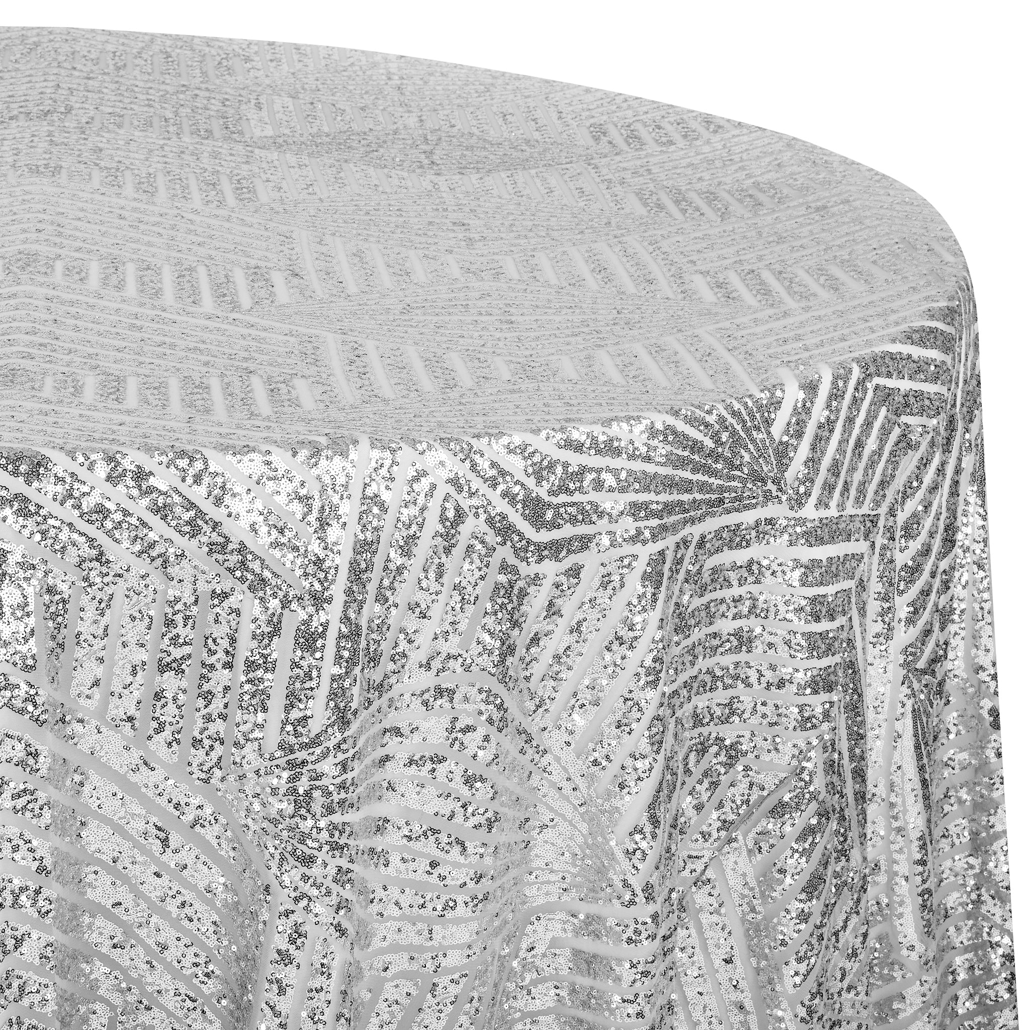 Geometric Glitz Art Deco Sequin Tablecloth 132" Round - Silver - Image 2