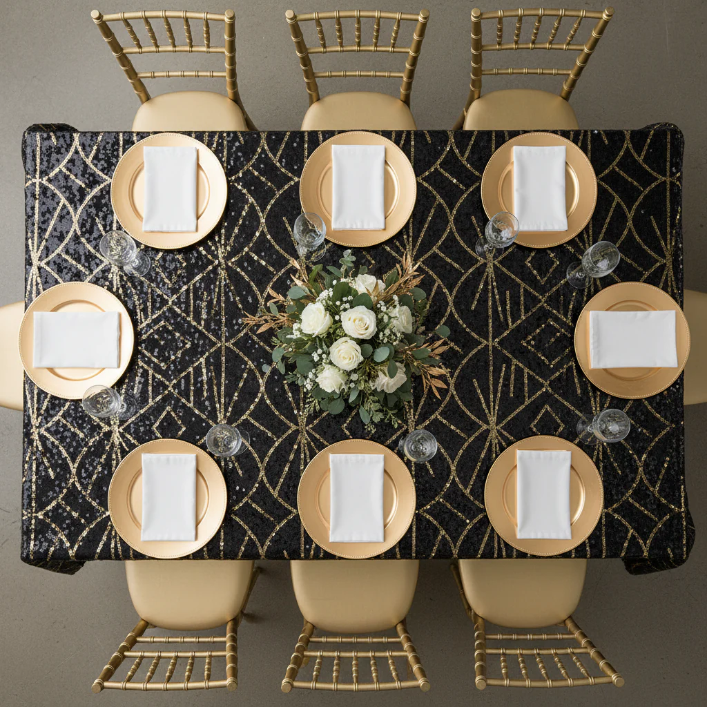 Geometric Glitz Art Deco Sequin Tablecloth 90"x156" Rectangular - Black - Image 3