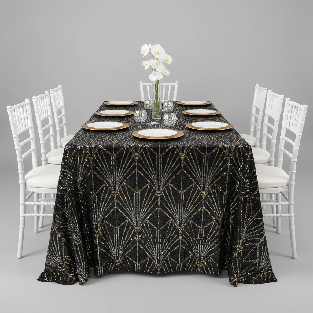 Geometric Glitz Art Deco Sequin Tablecloth 90"x156" Rectangular - Black - Image 5
