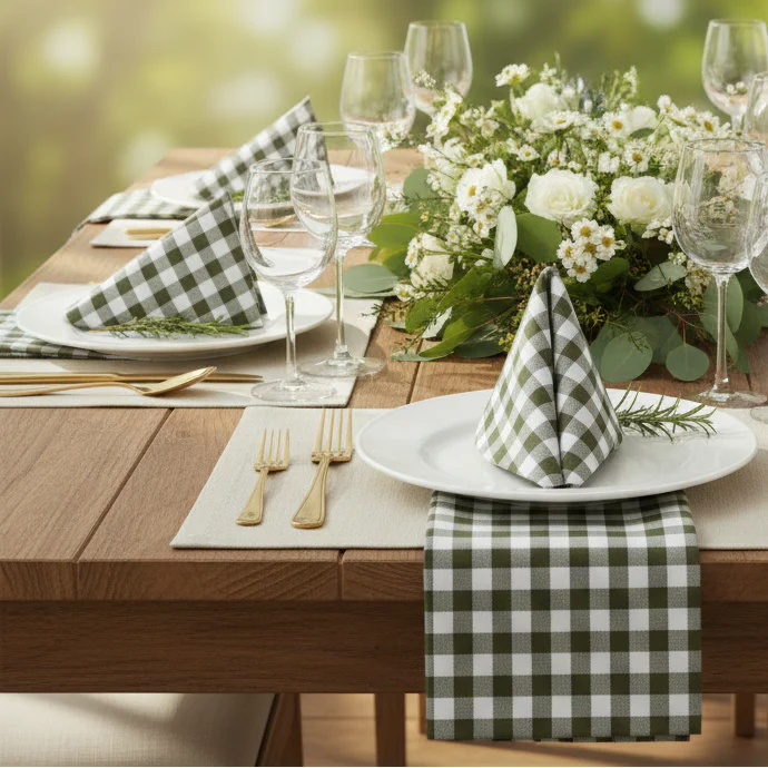 5 pcs/pk Gingham Checkered Polyester Napkin 20"x20" - Olive Green & White - Image 2