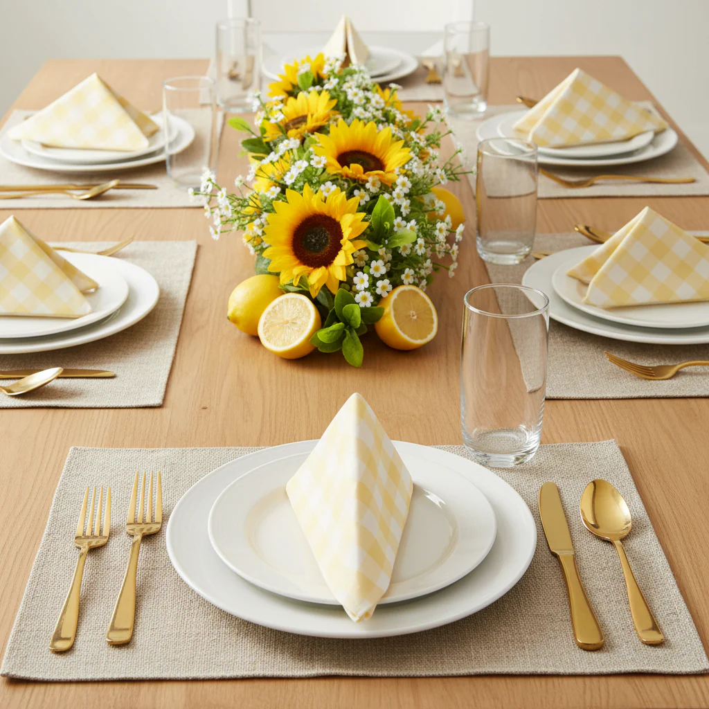 5 pcs/pk Gingham Checkered Polyester Napkin 20"x20" - Yellow & White - Image 2