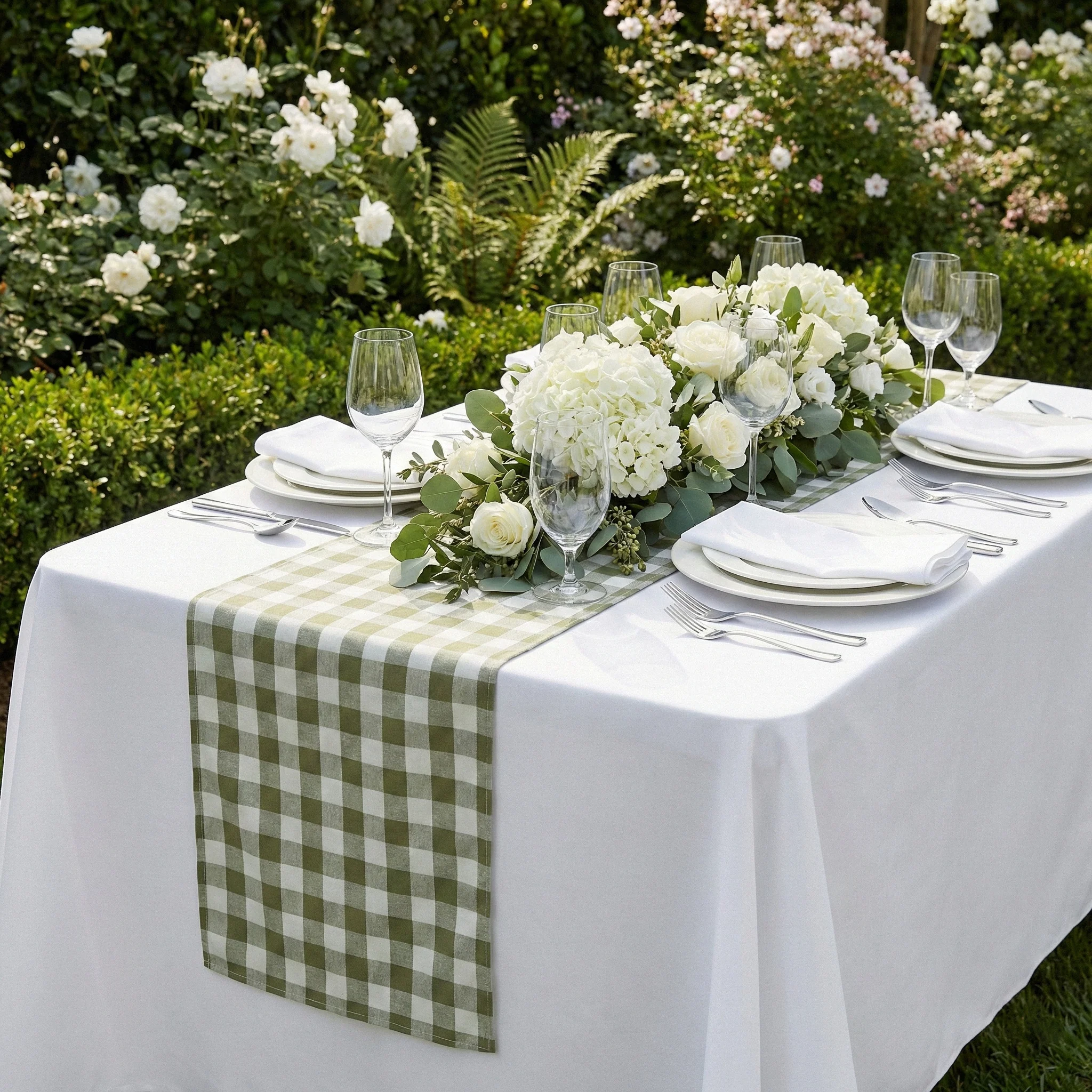 Gingham Checkered Polyester Table Runner - Olive Green & White - Image 2