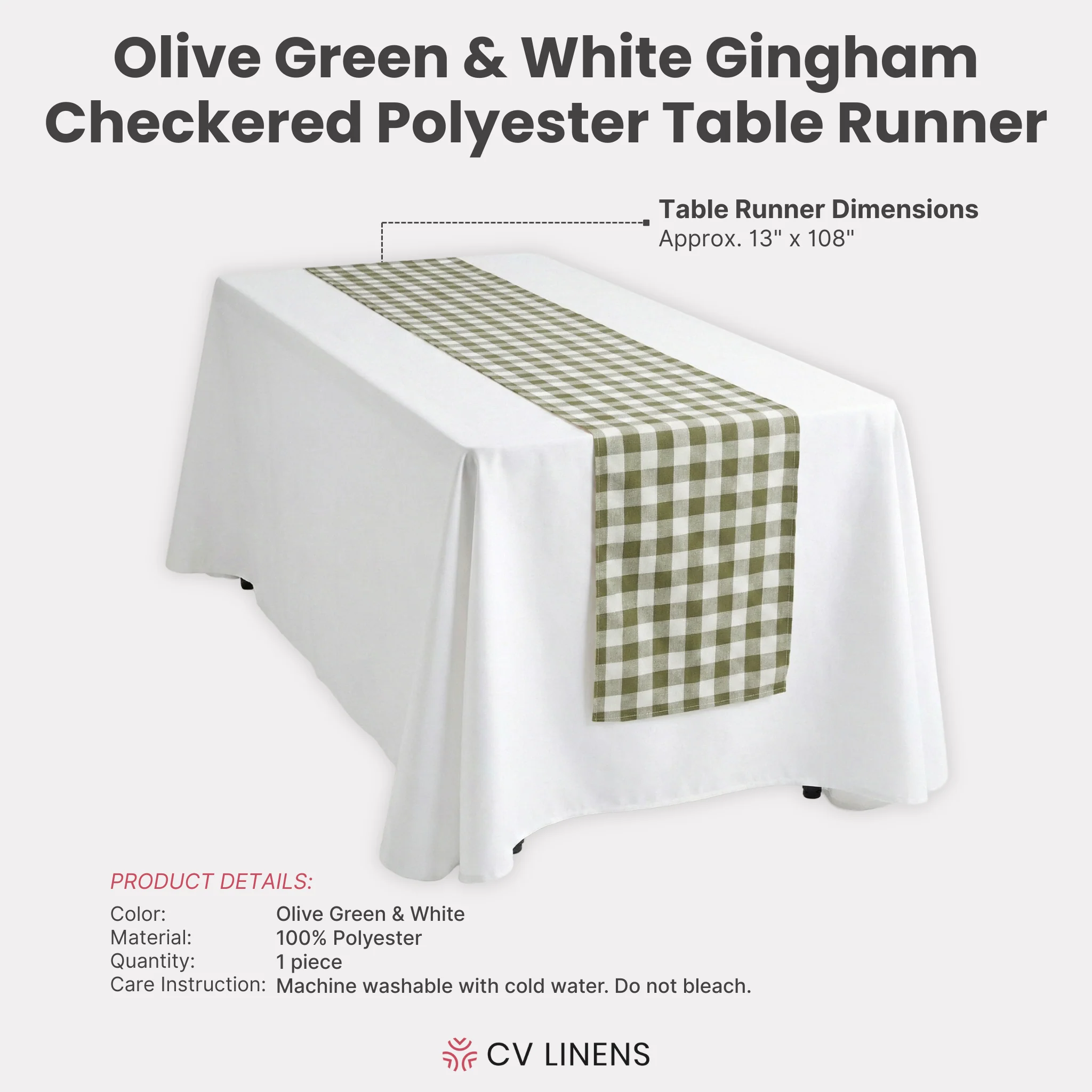 Gingham Checkered Polyester Table Runner - Olive Green & White - Image 3