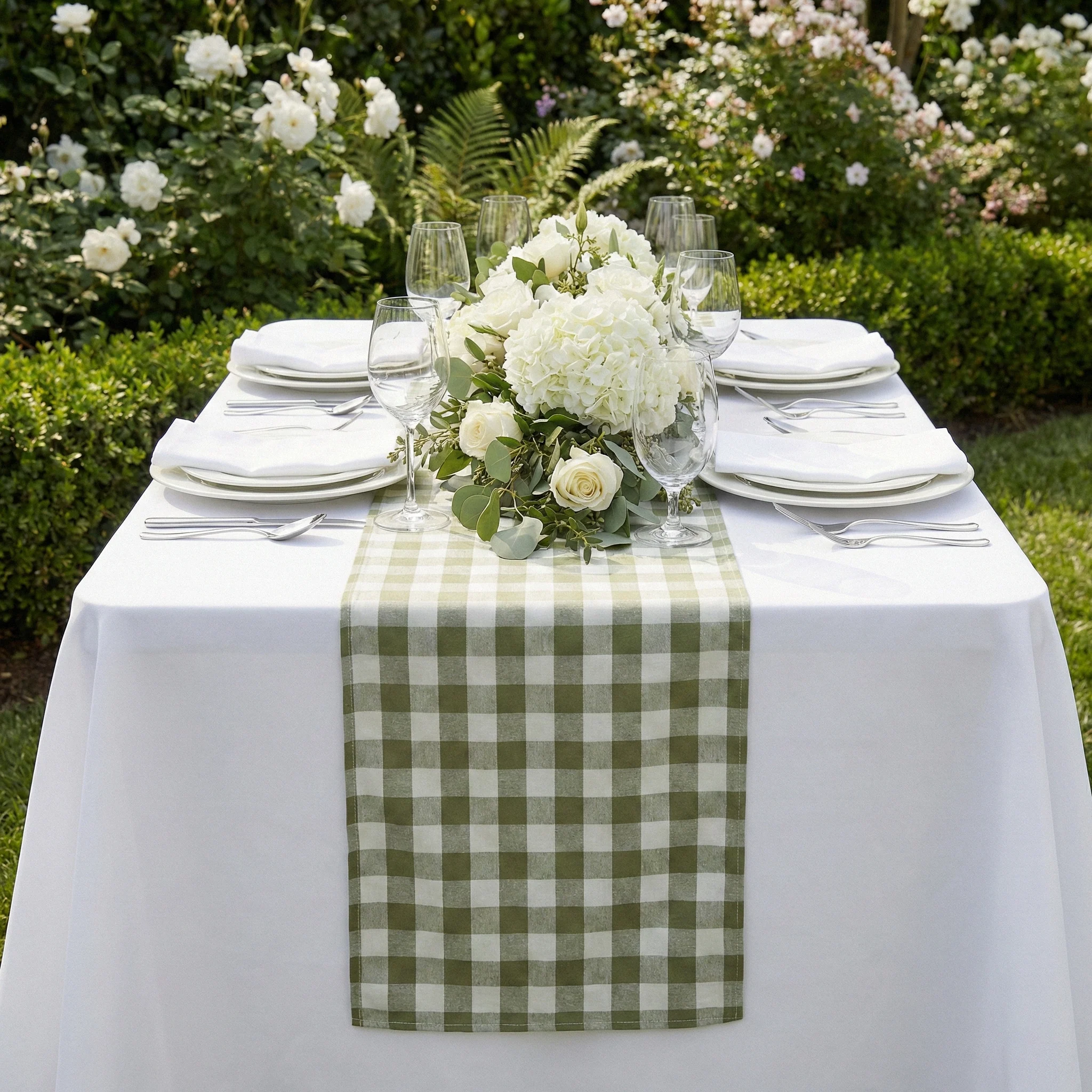 Gingham Checkered Polyester Table Runner - Olive Green & White - Image 5