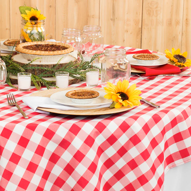 Gingham Checkered Square 90"x90" Polyester Overlay/Tablecloth - Red & White - Image 2