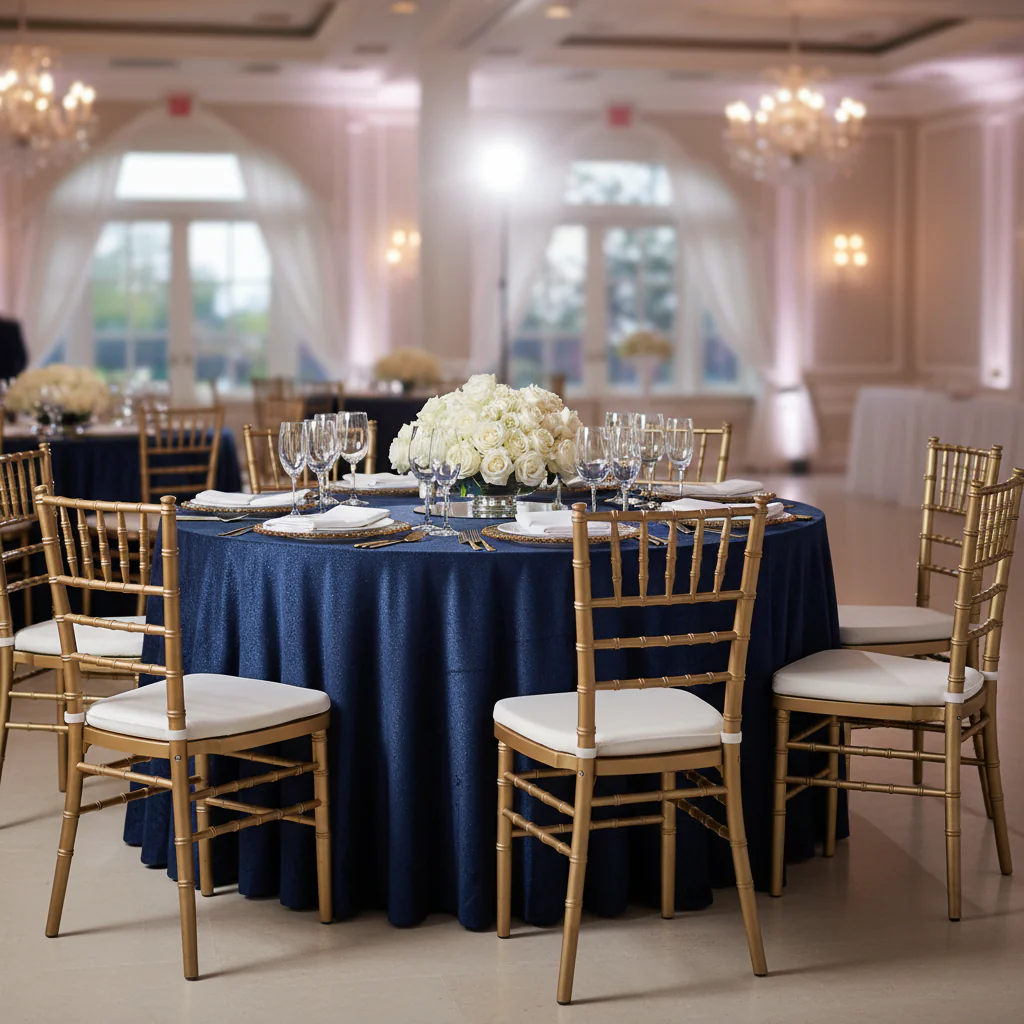 Glitter Velvet 120" Round Tablecloth - Navy Blue - Image 2
