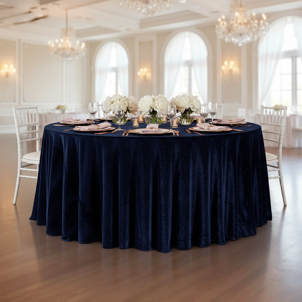 Glitter Velvet 120" Round Tablecloth - Navy Blue - Image 4