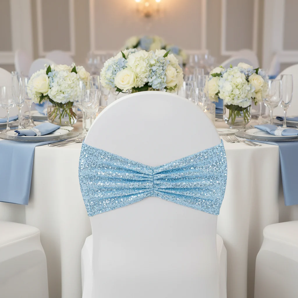 Glitz Ruffle Sequin Spandex Chair Band Sash - Baby Blue
