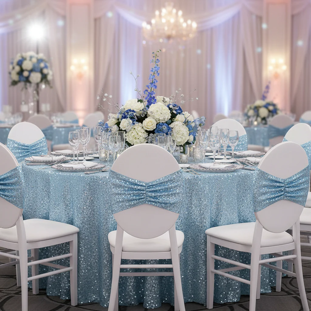 Glitz Ruffle Sequin Spandex Chair Band Sash - Baby Blue - Image 4