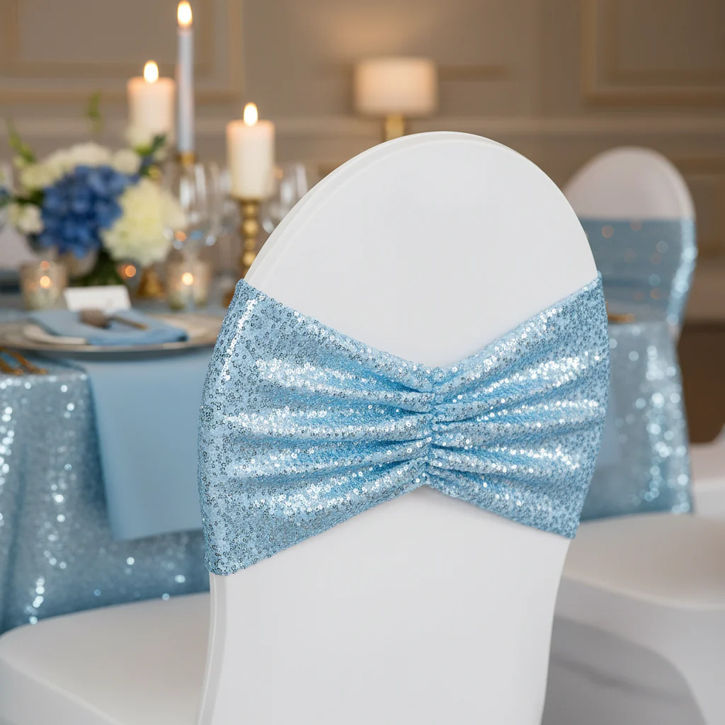 Glitz Ruffle Sequin Spandex Chair Band Sash - Baby Blue - Image 5