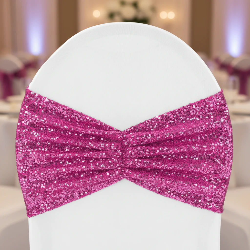 Glitz Ruffle Sequin Spandex Chair Band Sash - Fuchsia - Image 4