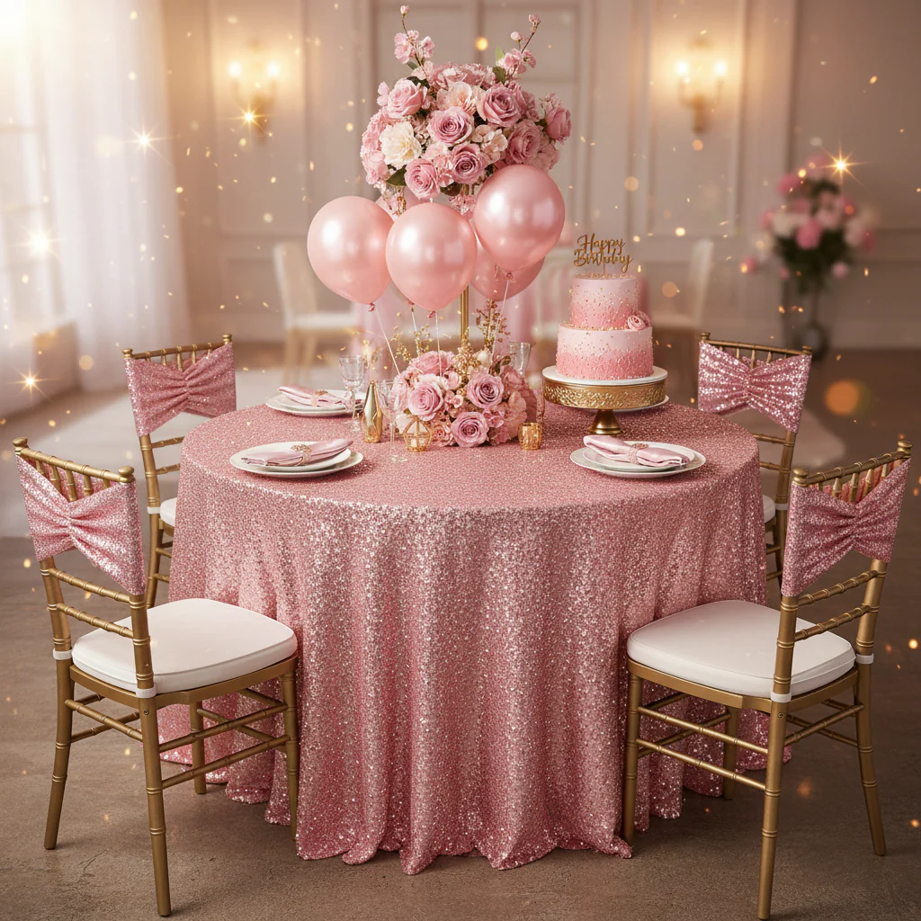 Glitz Ruffle Sequin Spandex Chair Band Sash - Pink - Image 2