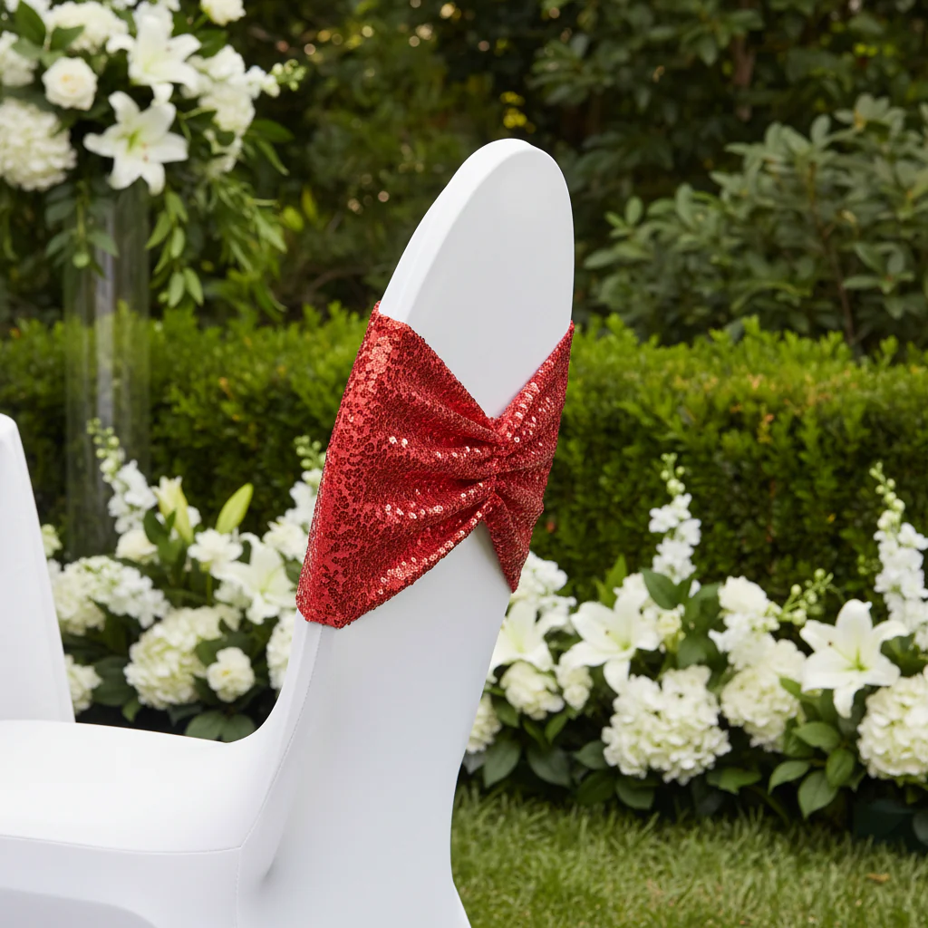 Glitz Ruffle Sequin Spandex Chair Band Sash - Red - Image 3