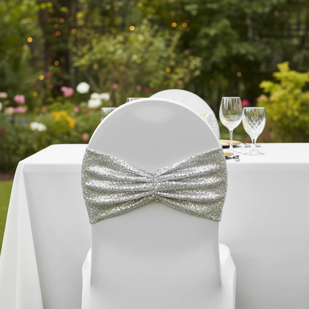 Glitz Ruffle Sequin Spandex Chair Band Sash - Silver - Image 4