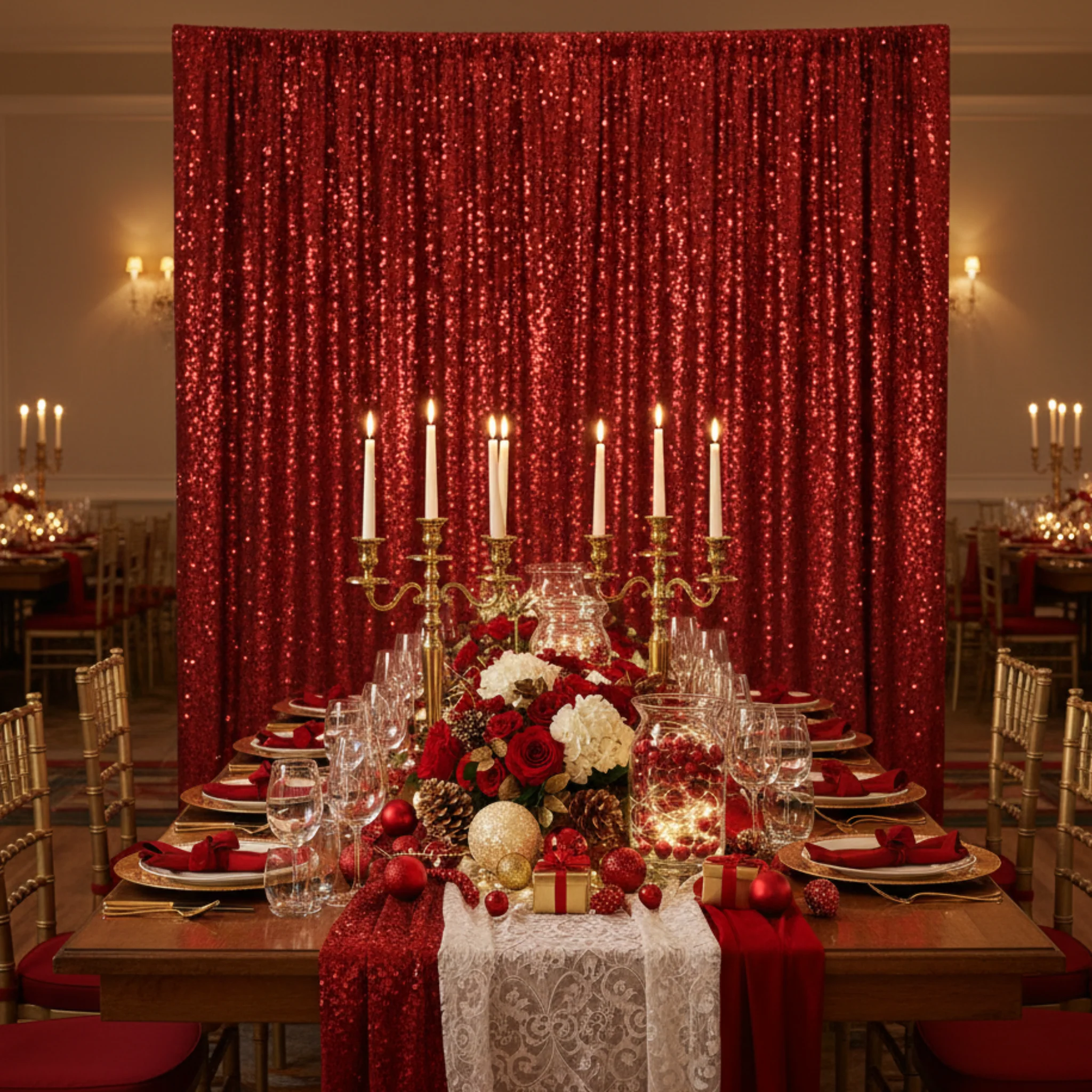 Glitz Sequin 10ft H x 52" W Drape/Backdrop panel - Apple Red - Image 4