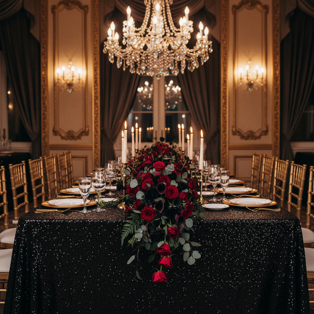 Glitz Sequin 90"x132" Rectangular Tablecloth - Black - Image 3