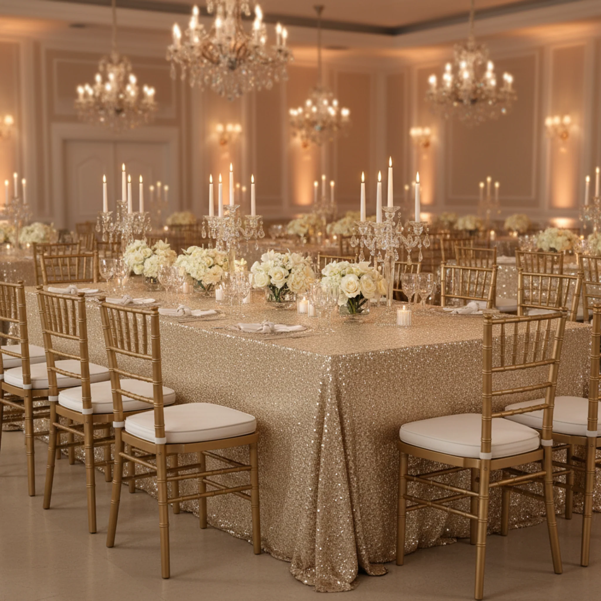 Glitz Sequin 90"x132" Rectangular Tablecloth - Champagne - Image 3