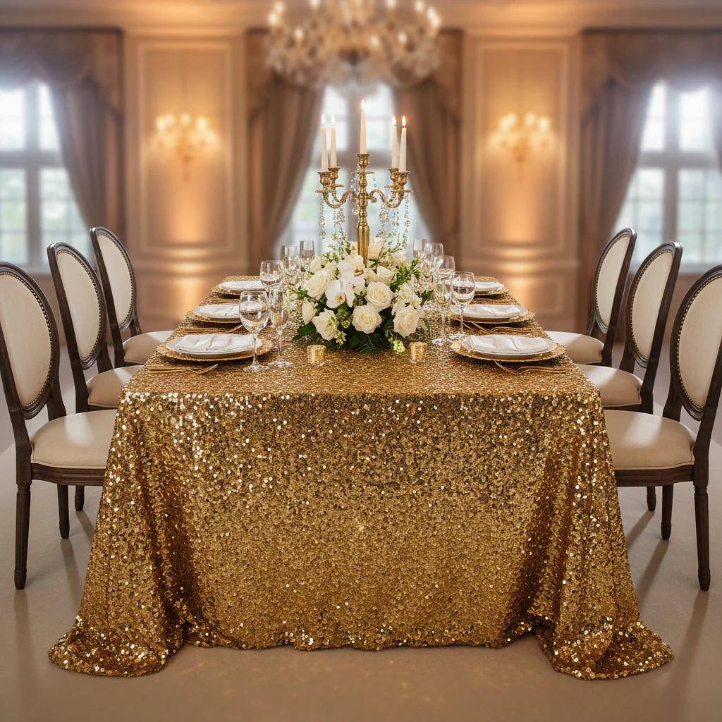 Glitz Sequin 90"x132" Rectangular Tablecloth - Gold - Image 4