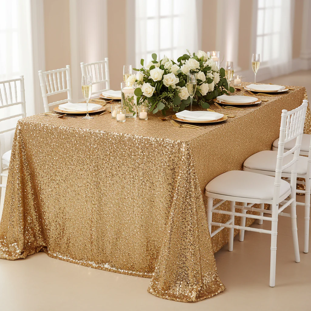 Glitz Sequin 90"x132" Rectangular Tablecloth - Gold - Image 5