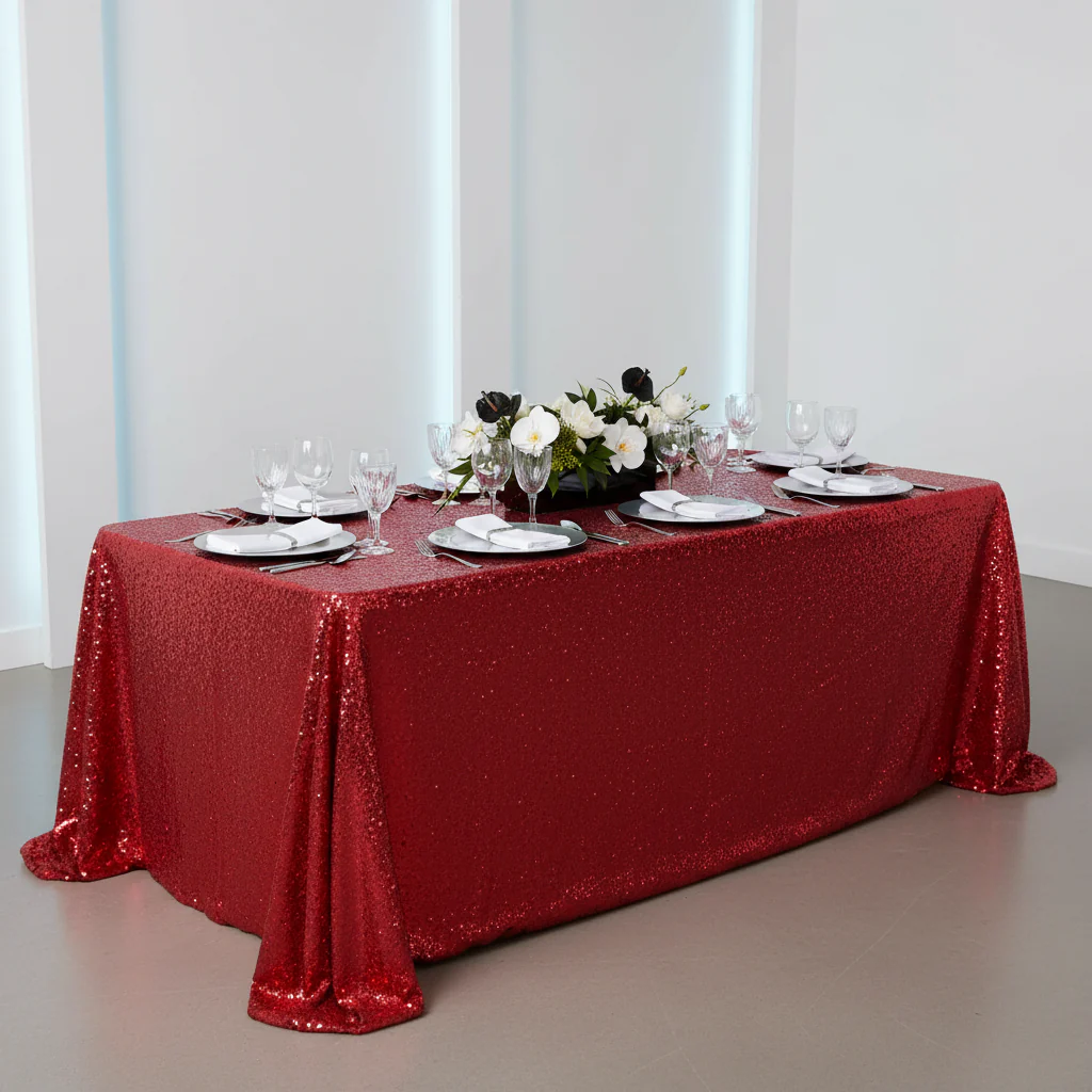 Glitz Sequin 90"x132" Rectangular Tablecloth - Red - Image 2