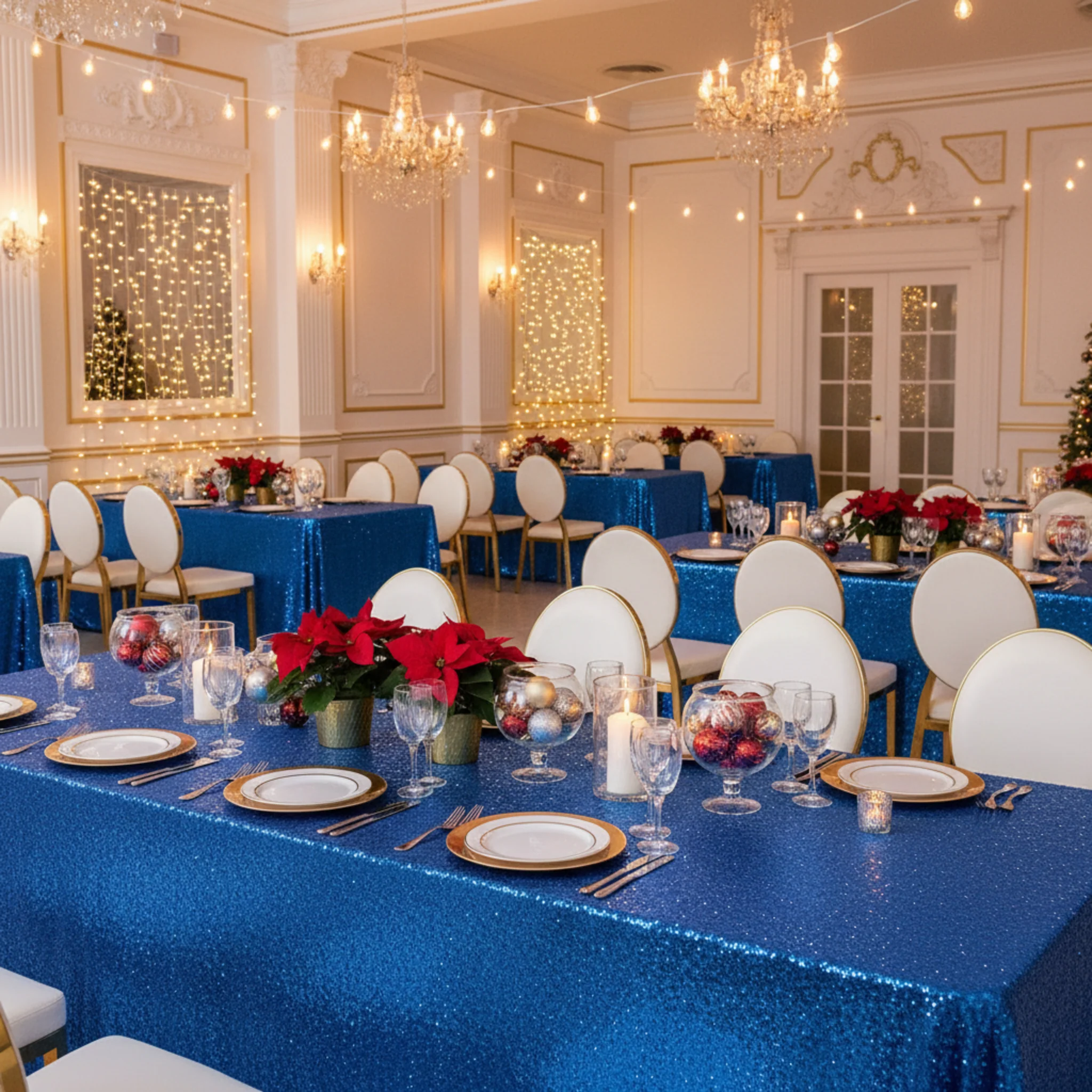 Glitz Sequin 90"x132" Rectangular Tablecloth - Royal Blue - Image 4
