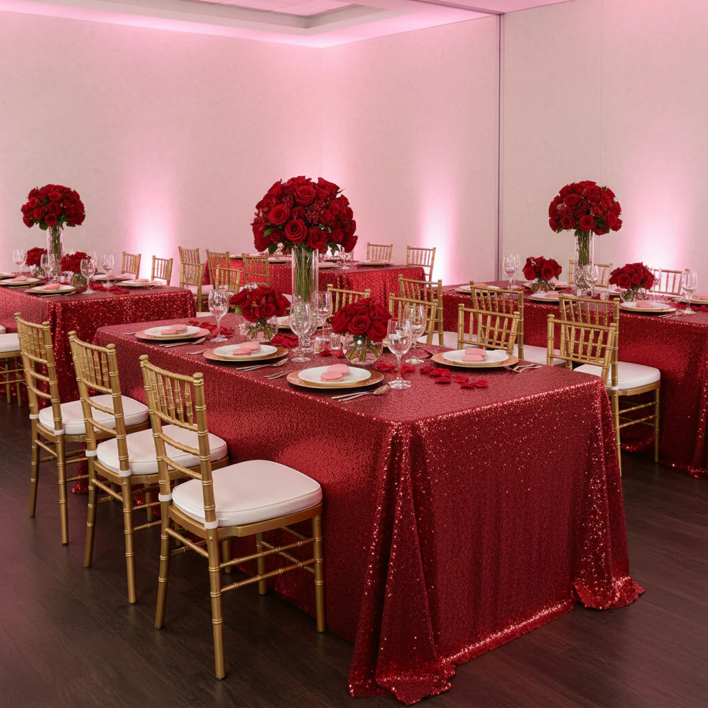 Glitz Sequin 90"x156" Rectangular Tablecloth - Apple Red - Image 5