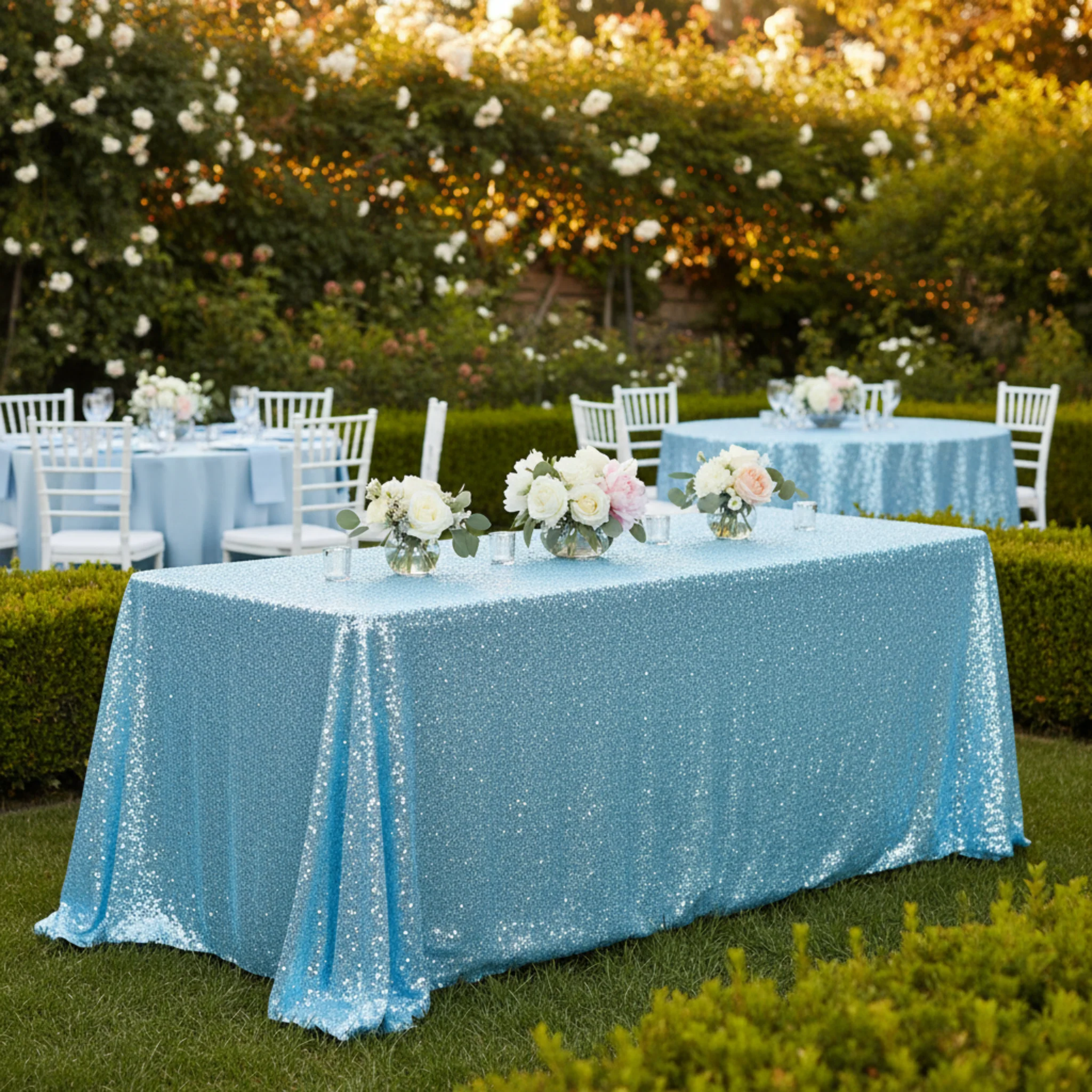 Glitz Sequin 90"x156" Rectangular Tablecloth - Baby Blue - Image 3