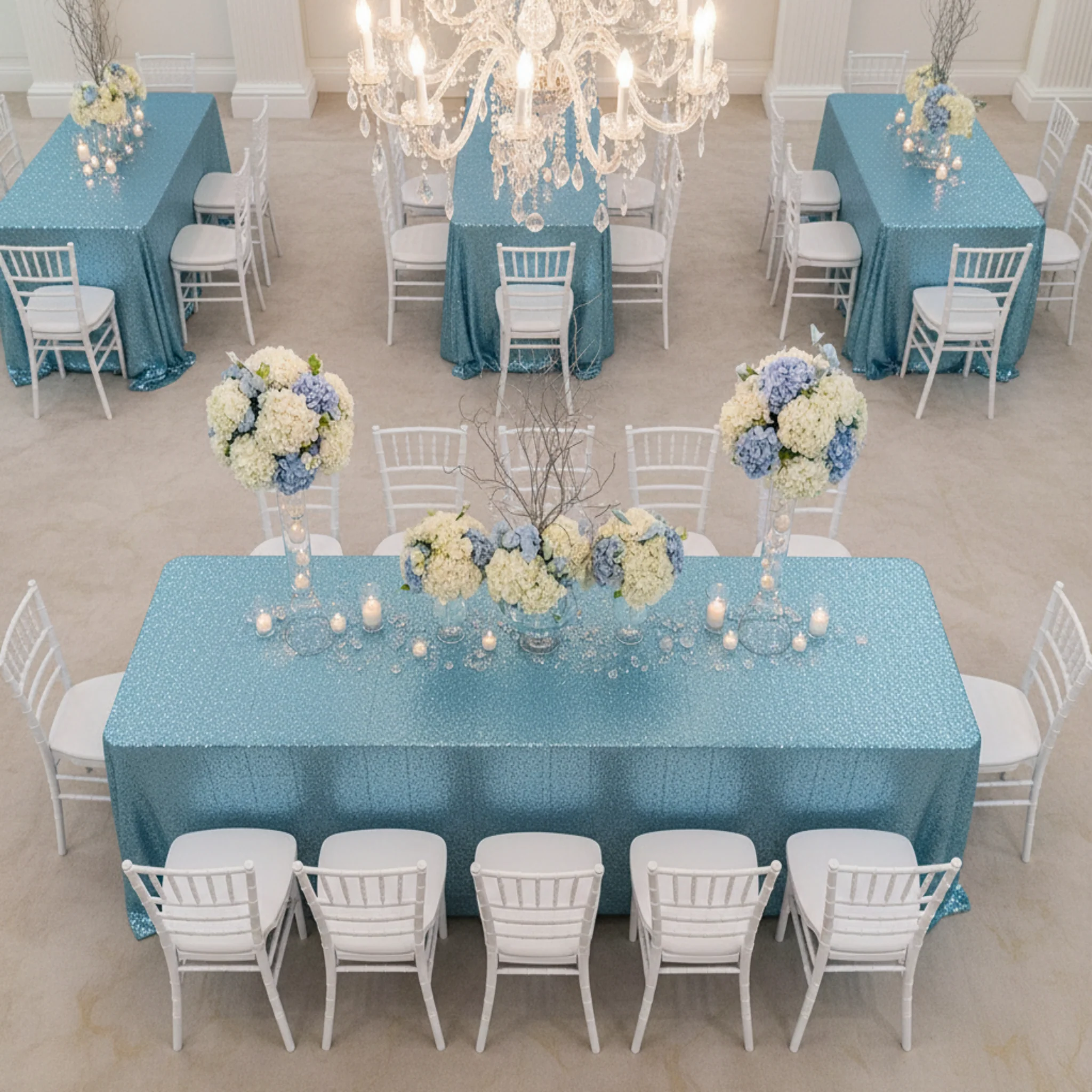 Glitz Sequin 90"x156" Rectangular Tablecloth - Baby Blue - Image 4