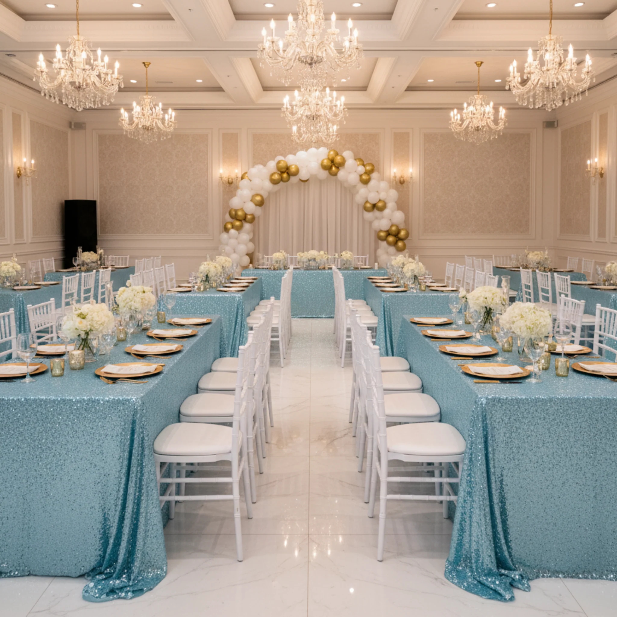 Glitz Sequin 90"x156" Rectangular Tablecloth - Baby Blue - Image 5