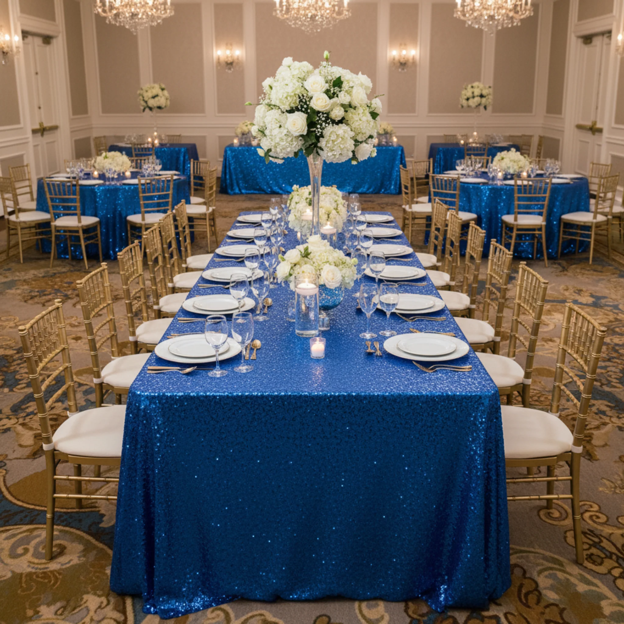 Glitz Sequin 90"x156" Rectangular Tablecloth - Royal Blue - Image 3