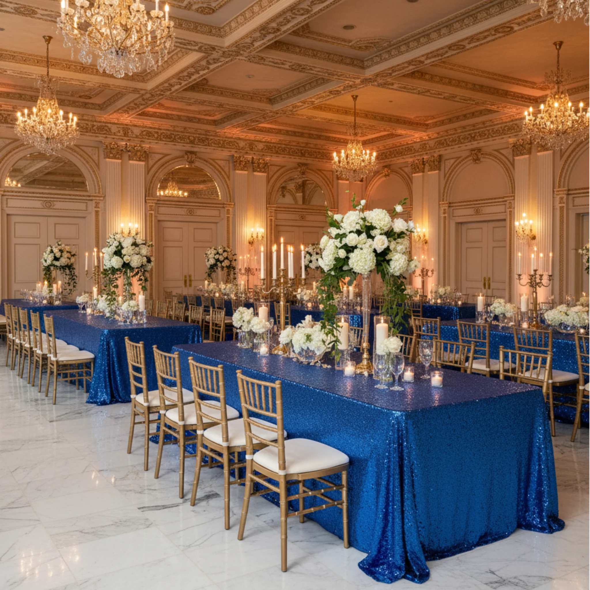 Glitz Sequin 90"x156" Rectangular Tablecloth - Royal Blue - Image 4